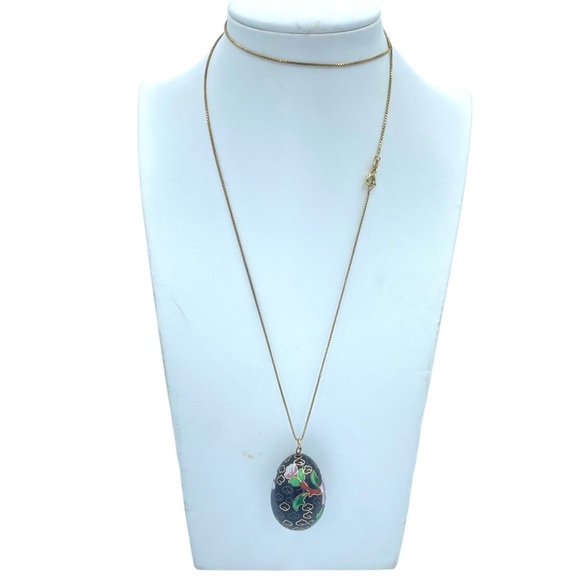 Vintage black Cloisonné black Easter egg shape long gold Sterling silver chain - Picture 8 of 13